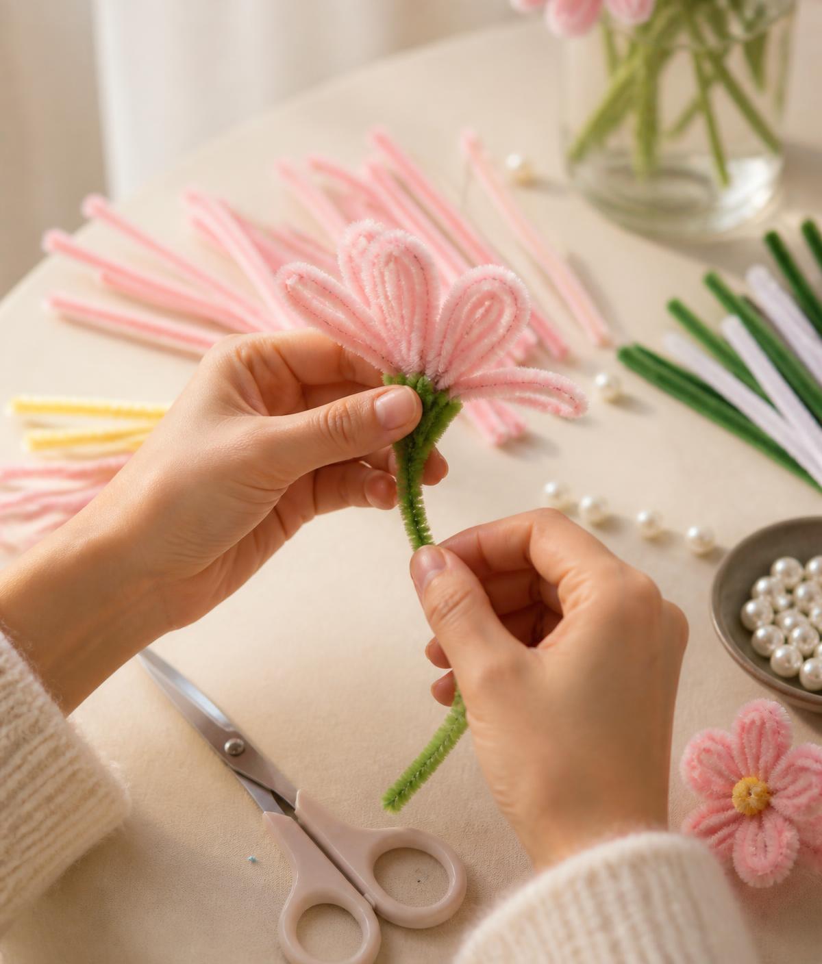 Hands twisting a green stem onto a half-finished pink pipe cleaner flower