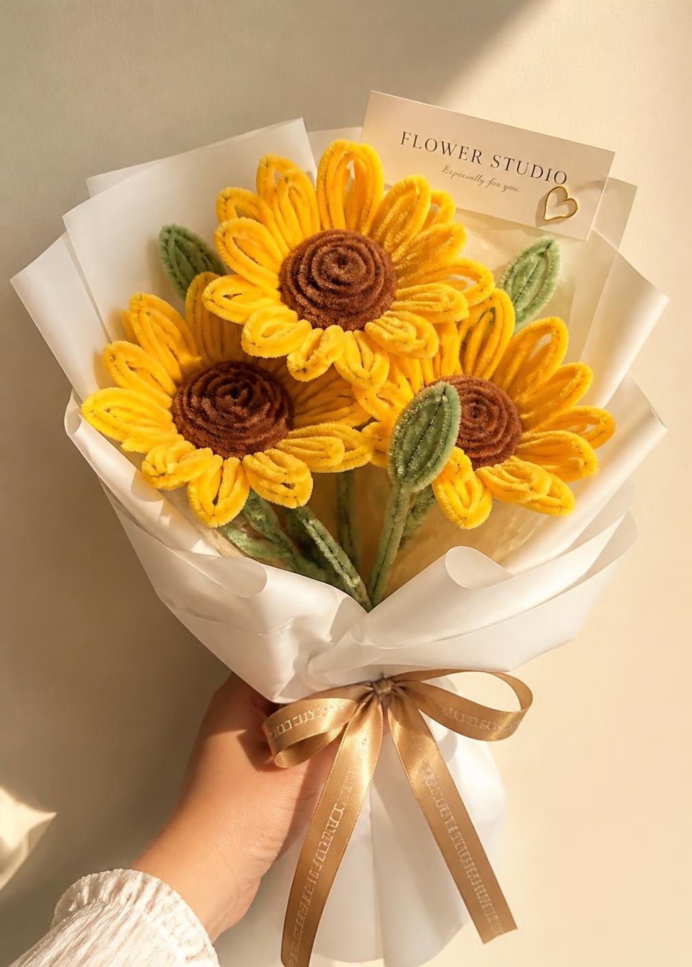 Handmade sunflower bouquet wrapped in white paper